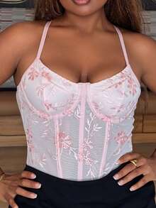 Tyla Gomez Women's Sexy Floral Embroidery Mesh Bodysuit For Summer,Embroidered Corset Bodysuit - Pink - View 2
