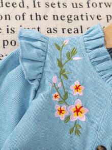 年轻女孩休闲纯色针织花卉刺绣纽扣荷叶边领长袖上衣，适合春秋季日常、居家、户外、运动 - 藍色 - 查看 4