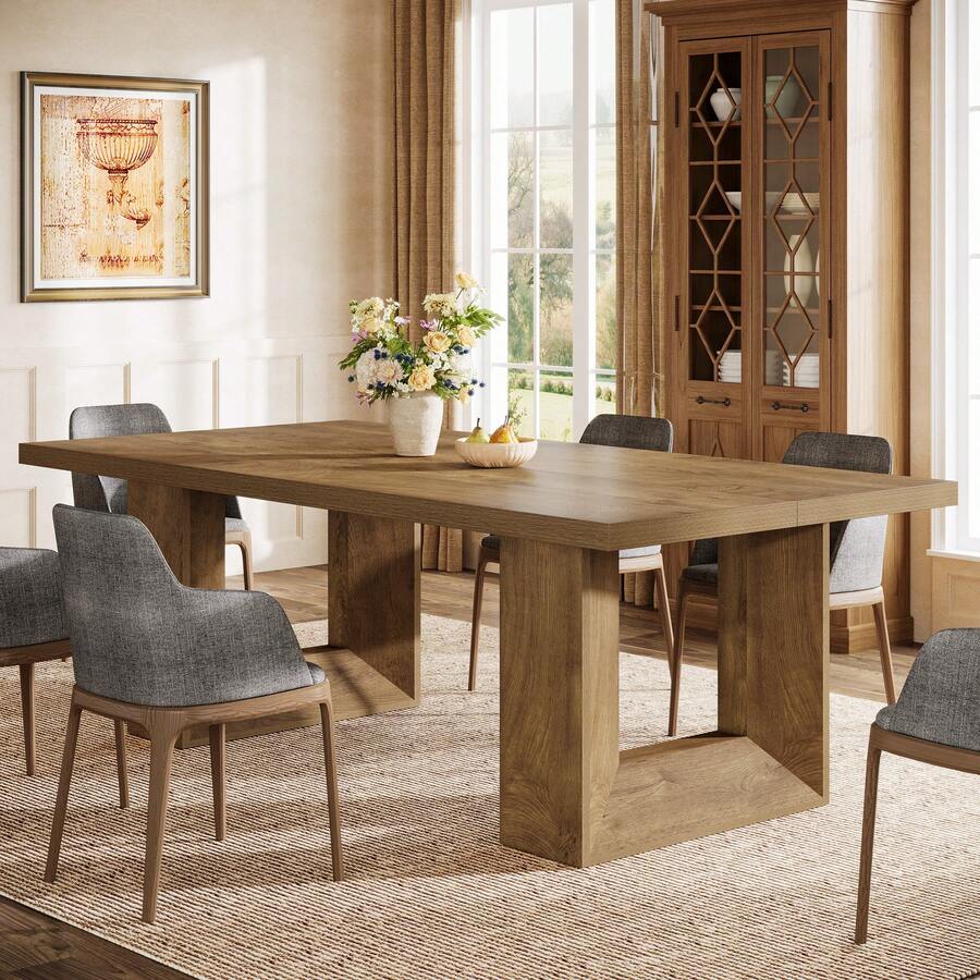 Tribesigns Dining Table For 8 People, 63-Inch Brown Rectangular Kitchen Table With Strong Geometric Frame, Industrial Large Long Dining Room Table For Big Family, Brown - Brown - View 1