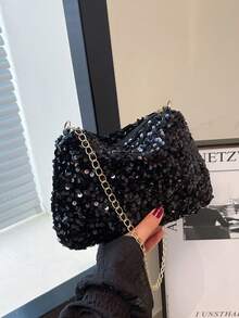 Bolso de hombro pequeño con lentejuelas de moda, bolso cuadrado pequeño con cadena para mujer, lentejuelas - Negro - Ver 6