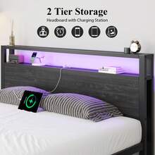 Bed Frame With LED Light, Industrial Platform Bed With Charging Station, 2-Tier Storage Headboard, No Box Spring Needed, Noise-Free, Strong Support Legs - 黑色 - 查看 5