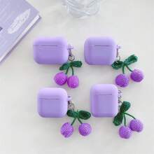 1pc Soft Silicone Shock-Proof Earphone Case In Violet + Plush Cherry Hanging Decor Bluetooth Earphone Case Compatible With Apple 1st/2nd/3rd/Pro/Pro 2nd Generation, Creative Design For New 4th Generation