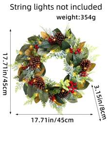 1个17.71英寸圣诞人造松果和树叶花环，可悬挂于窗户、门、庭院或墙壁上作为装饰，适合节日主题客厅、卧室家居装饰（不含灯饰和电池）。圣诞装饰、房间装饰、冬季圣诞装饰、家居圣诞礼物、圣诞装饰品 - 彩色 - 查看 7