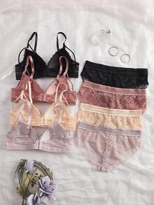 4pcs/Set Women's Sexy French Lace Cross Strap Padded Bra Set, Comfortable Wireless, Adjustable Straps, Triangle Cup Lingerie Set - Multicolor - View 3