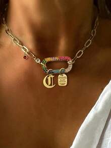 1 pieza Collar con letras A-Z 26 de STYLEVER en color dorado, cadena con colgante ovalado de diamante de colores y cuentas doradas, cadena de acero inoxidable, estilo único y elegante - Dorado - Ver 17