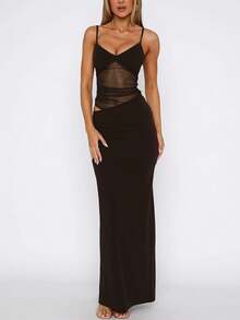 A Sexy Gauze Gauze Splicing Asymmetrical Hollow Halter Slimming Dress Multi-Color Optional