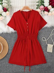 Women's V-Neck Button Waist Tie Batwing Sleeve Casual Jumpsuit - Red - View 4