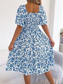 Summer Blue Floral Off Shoulder Midi Dress For Women, Smocked Puff Sleeve A Line Casual Vacation Dress - 藍色 - 查看 2