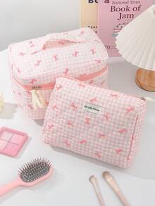 1Pc/Set Cute Pink Plaid & Bow Pattern Large Capacity Cosmetic Bag Multifunctional Travel Storage Bag, Portable Hand-Held Toiletry Bag With Zipper, Suitable For Home, Travel, Vacation And School Use, Travel Essentials, Cruise Essentials, Daily Commuting Essentials, Wedding Bridesmaid Gifts, Back To School Season Gifts And Holiday Gifts Autumn University Essentials Travel Bag For Women Makeup Bag Makeup Organizer