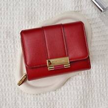 Ladies' Black PU Leather Metal Accent Trifold Short Wallet With Zipper Pocket Daily Use & Gift For Women Wallet Mini Wallet Purse Wallet Small Wallet Cute Wallet - Red - View 2