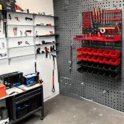 重型车库整理架 - 壁挂式工具存储架，带工具架、螺丝整理器 - 节省空间的车库、车间、地下室存储 - 耐用的塑料结构适用于木工、汽车修理、DIY 项目 - 预钻孔设计，易于安装