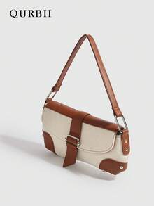 QURBII 1pc Fashionable Fabric & Faux Leather Patchwork Design Baguette Underarm Bag, Versatile Chic Shoulder Bag Handbag, Rivet Accent Shoulder Bag, Phone Pouch Small Bag, Suitable For Women Office, Commute, Date, Shopping, Casual, Vacation, Beach, Music Festival, Party, Wedding, School