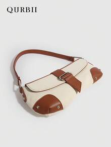 QURBII 1pc Fashionable Fabric & Faux Leather Patchwork Design Baguette Underarm Bag, Versatile Chic Shoulder Bag Handbag, Rivet Accent Shoulder Bag, Phone Pouch Small Bag, Suitable For Women Office, Commute, Date, Shopping, Casual, Vacation, Beach, Music Festival, Party, Wedding, School