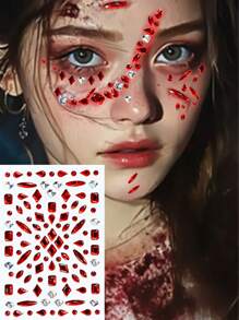 1pc Red Rhinestone Face Sticker, Suitable For Halloween Blood Tear DIY Decoration, Bridal, Stage Performance, Holiday Party, Gathering Makeup, Available In Various Shapes Like Diamond, Round, Teardrop, Oval, Customizable For Both Men And Women