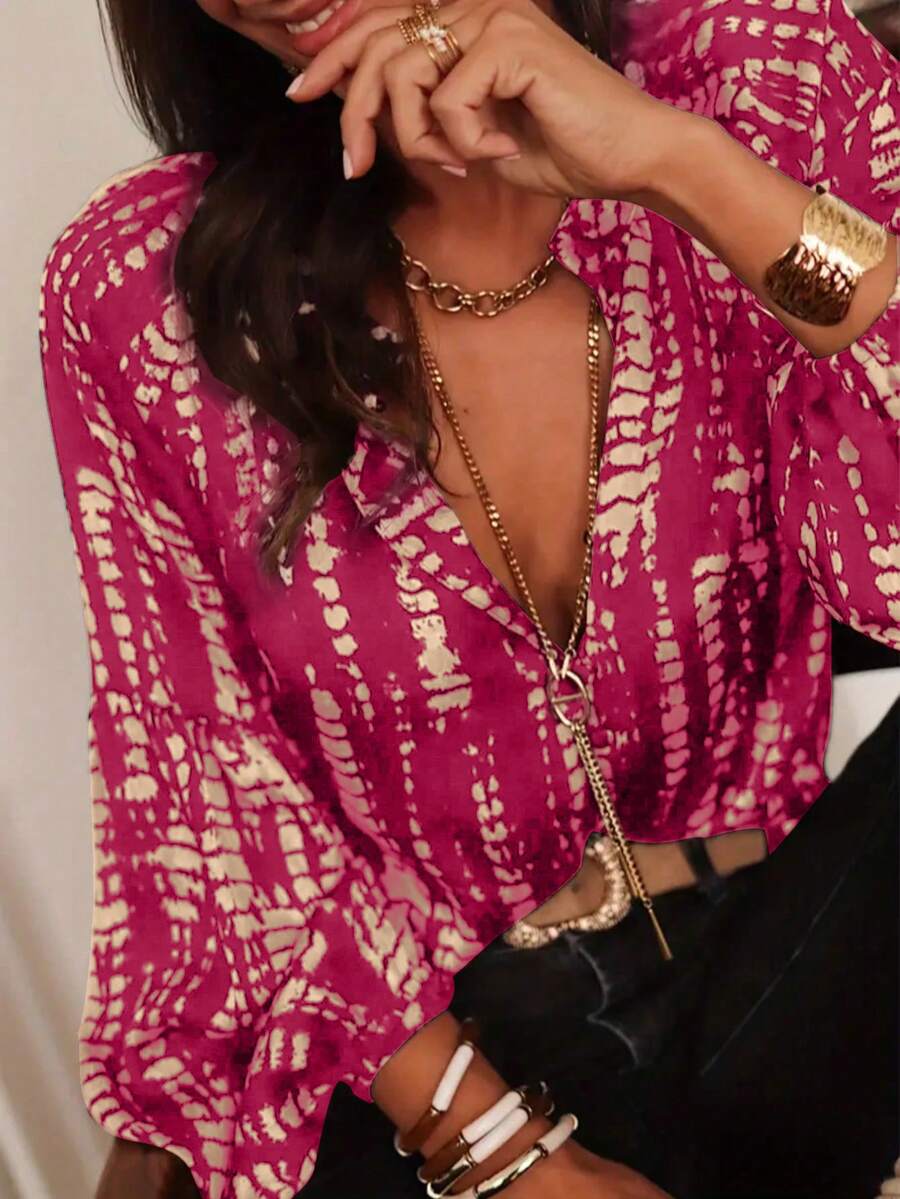 Áo sơ mi nữ in họa tiết toàn thân cho kỳ nghỉ xuân/hè - Tay áo xòe thanh lịch, cổ cài nút, chất liệu polyester nhẹ, áo sơ mi mùa hè in họa tiết toàn thân - Hồng - Xem 1