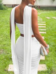 Women's New Summer 2 Pieces Set: Backless Crop Top And High-Waisted Fitted Midi Skirt - Elegant And Sexy, Suitable For Cocktail Parties, Birthday Celebrations, And Nightclubs - White - View 6