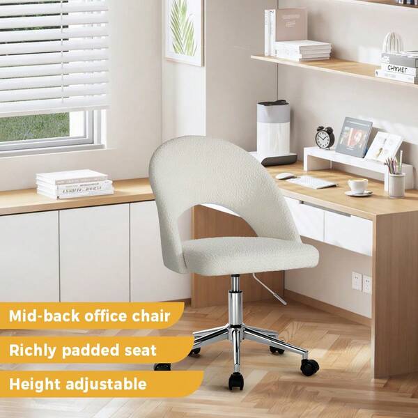 SUN YEE Swivel High Back Hollow Armless Chair Lockable Adjustable Height, Office Desk Computer Boucle Chair With Spinning Castors, Capacity 120KG, Living Room Bedroom, White & Silver