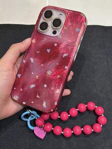 Retro Stylish Flower Smudge Phone Cases Hand Bead Chain Compatible With IPhone 16 15 13 Pro Max 14 12 11 Plus Cute Girl Shockproof Cover - Hot Pink - View 2
