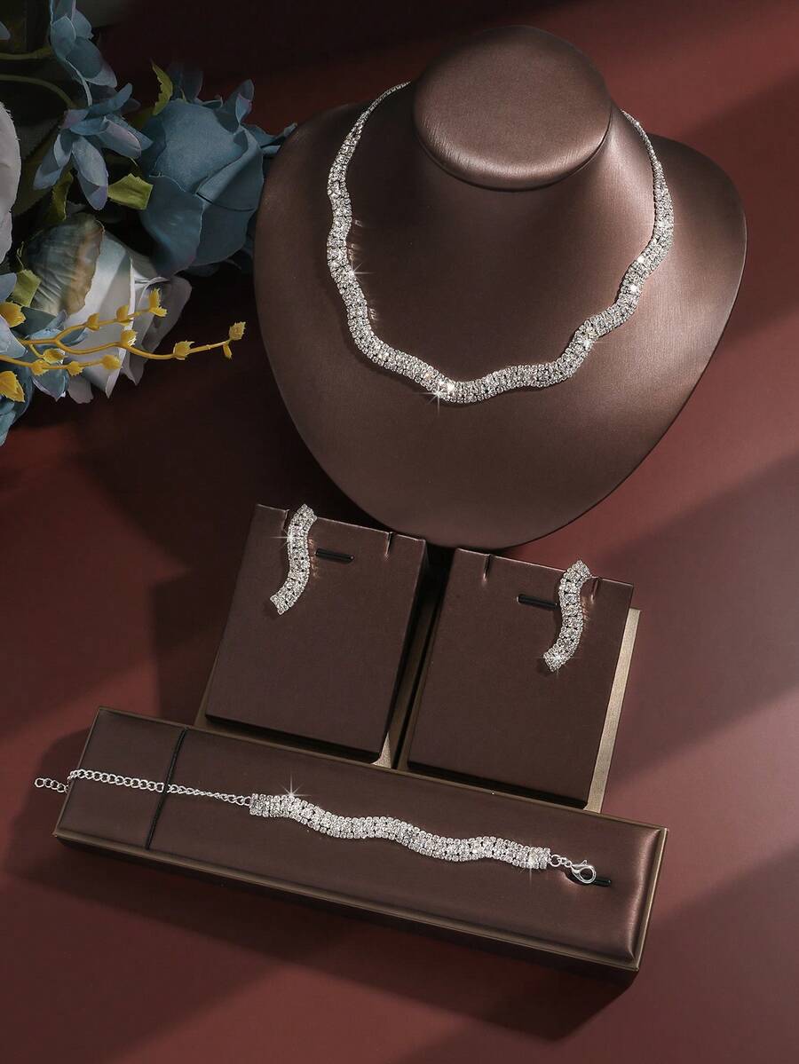 4pcs Luxury Rhinestone Jewelry Set: Necklace, Earrings, Bracelet, Elegant Bridal Wedding Gift, Versatile For Daily, Party, Vacation - Silver - View 1