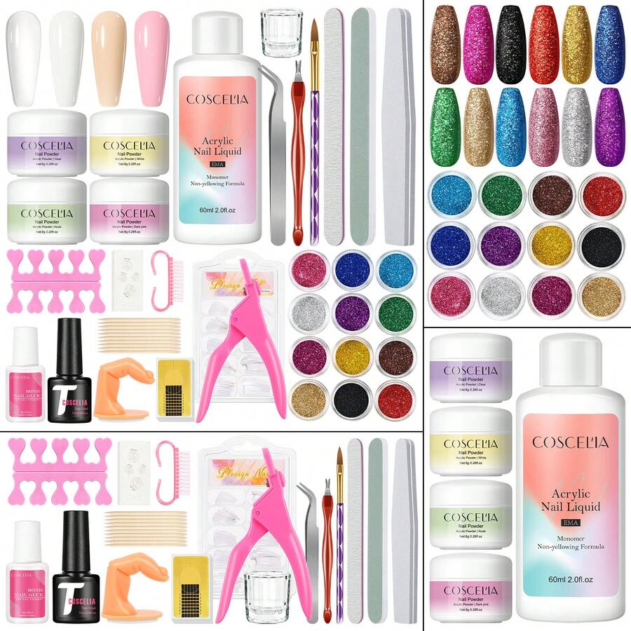 Kit de uñas acrílicas COSCELIA de 8 g, blanco, transparente y rosa, 24 colores, polvo acrílico y líquido, purpurina, pinceles para decoración de uñas, regalo para principiantes. - Polvo de estrellas brillante - Ver 1