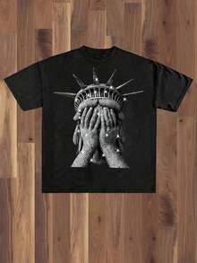 Sparkling Statue Of Liberty Graphic Tee (180g Cotton T-Shirt) Diamond - Effect Liberty Statue Tee. Men's Summer Round Neck Short Sleeve T-Shirts Fashion Printed T-Shirts Unisex T-Shirts Casual And Comfortable To Weargraphic Tees Men Shirts Streetwear White Shirt Black Shirt - 黑色 - 查看 1