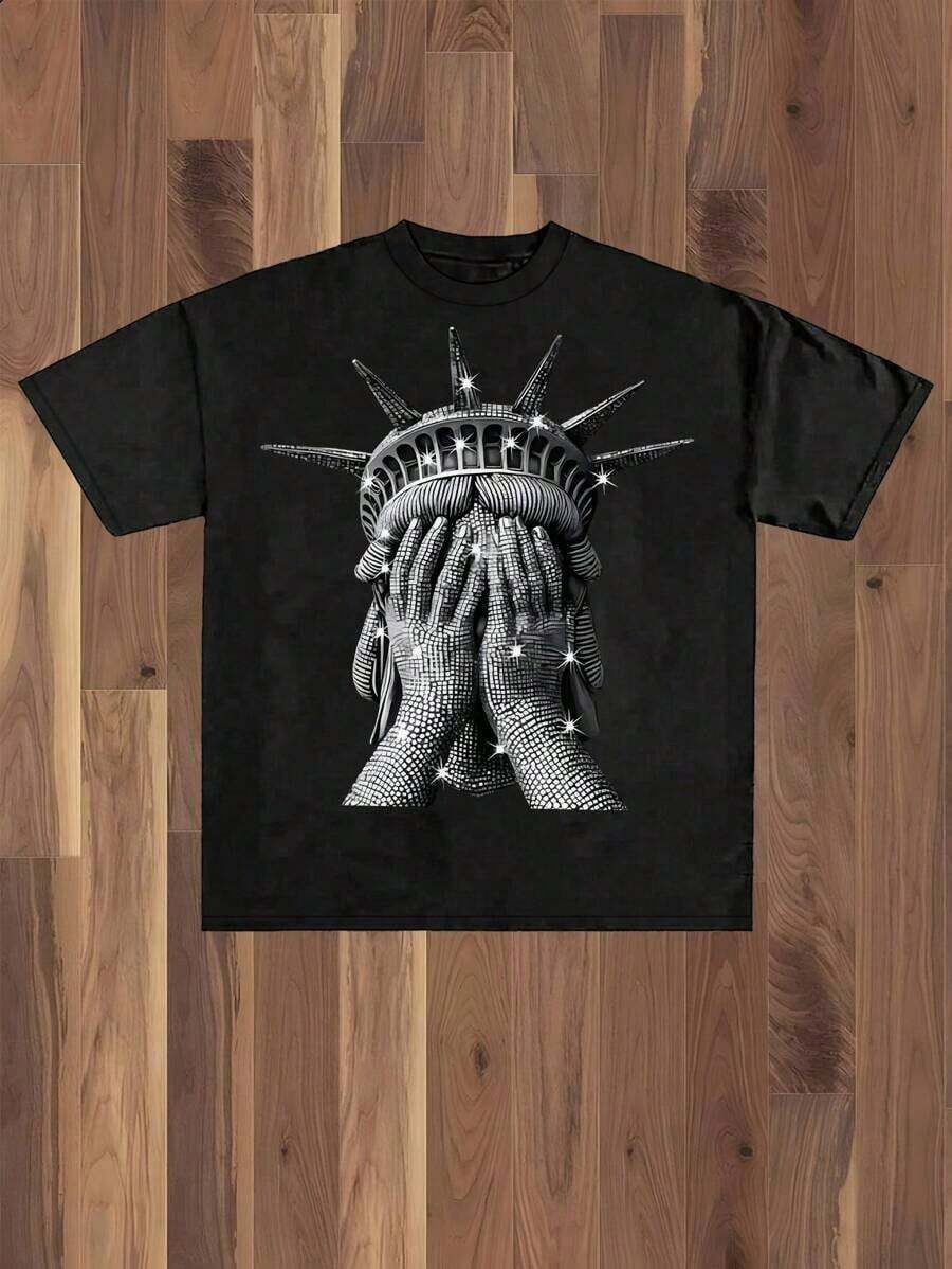 Sparkling Statue Of Liberty Graphic Tee (180g Cotton T-Shirt) Diamond - Effect Liberty Statue Tee. Men's Summer Round Neck Short Sleeve T-Shirts Fashion Printed T-Shirts Unisex T-Shirts Casual And Comfortable To Weargraphic Tees Men Shirts Streetwear White Shirt Black Shirt - 黑色 - 查看 1