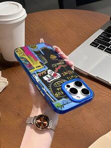 Chaotic Graffiti Phone Case Compatible With IPhone 16 Pro Max/15 Pro/14 Plus/13/12/11 Pro Max, Matte Texture Anti-Drop Phone Protective Cover - Blue Frame Silver Blue - View 5