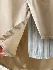 前短后长口袋纽扣休闲简约设计衬衫 - 杏色 - 查看 3