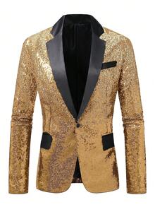 男士亮片西装外套、夜总会酒吧舞厅正装、舞台表演西装外套 - 金色 - 查看 3