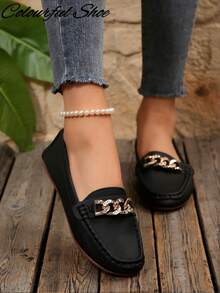 Damen Slip-On Loafer mit Metall-Ketten-Dekor, runde Zehenpartie, rutschfeste flache Lässig Schuhe, weiche Sohle, bequem, Schwarz, Herbst/Winter Neuheit