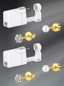 CIZME 4 件/套时尚不锈钢方晶锆石心形仿珍珠平背耳环，带穿耳枪，自穿耳套装 - 一次性穿耳枪，带预装耳钉，家用自穿耳枪套装，软骨耳环，男女皆宜，可作为日常装饰 - 銀色/金色 - 查看 20