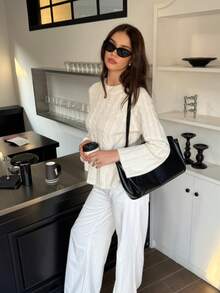 FOR BEAUTY 秋冬新款纯色圆领扭结针织长袖毛衣女款，时尚宽松简约休闲通勤套头针织衫，新年款 - 杏色 - 查看 2