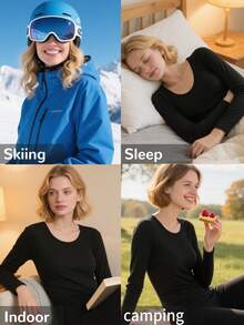 女士保暖内衣套装 - 圆领长袖上衣和裤子，时尚黑色 | 保暖内衬，超保暖，透气修身 | 居家休闲、城市通勤、滑雪旅行和徒步旅行的理想之选 | 防静电，速干科技 | 秋季、圣诞节和假日季的冬季必备保暖单品 - 黑色 - 查看 7