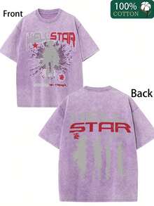 100% Pure Cotton  STRR Double-Sided Printed T-Shirt - Soft, Breathable, And Comfortable For Casual Wear - 紫色 - 查看 1