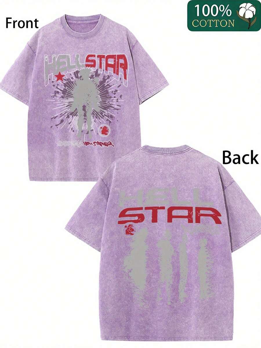 100% Pure Cotton  STRR Double-Sided Printed T-Shirt - Soft, Breathable, And Comfortable For Casual Wear - 紫色 - 查看 1