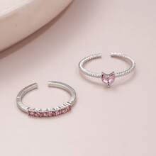 2pcs Women's Adjustable Open Crystal Heart Design Rings, Sweet & Fresh - Silver - View 9