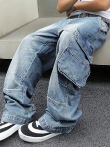 Men's Baggy Denim Cargo Pants Loose Fit Streetwear Wide Leg Workwear Style With Large Side Pockets - 淺色水洗藍 - 查看 9