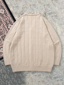 休闲宽松纯色落肩长袖圆领纽扣开衫男女通用毛衣，适合春、秋、冬季穿着。 - 棕色 - 查看 5