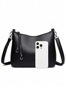 正品品牌女士软皮单肩包，奢华设计师斜挎包，女士休闲手提包，邮差包，工作包 - 黑色 - 查看 9