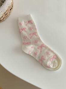 زوج/3 أزواج من جوارب قصيرة كيوت وردية مطبوعة بفيونكة، جوارب كاجوال، جوارب يومية جميلة، جوارب موضة يومية، مناسبة للارتداء اليومي، مناسبة لجميع الفصول