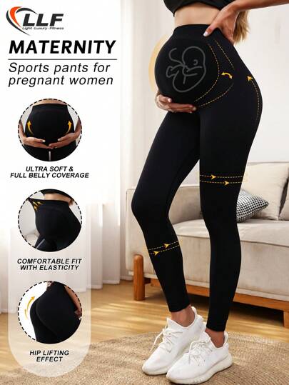 Pregnant Women's Seamless Solid Color High Waist Ribbed Waistband Yoga Pants, Basic Slim Fit Workout Leggings