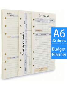 82张A6尺寸替换内页，加厚可替换纸张，6孔活页夹内页，适用于6孔活页夹、日记本、笔记本。另含40/80张A6尺寸日记内页，牛皮纸材质，适用于A6尺寸预算活页夹和计划本。82张月/周计划替换内页，6孔预算表，可用于记录支出，完美适配Filofax活页夹。填写您的预算计划和实际支出，记录日程安排和待办事项清单。 - 彩色 - 查看 6