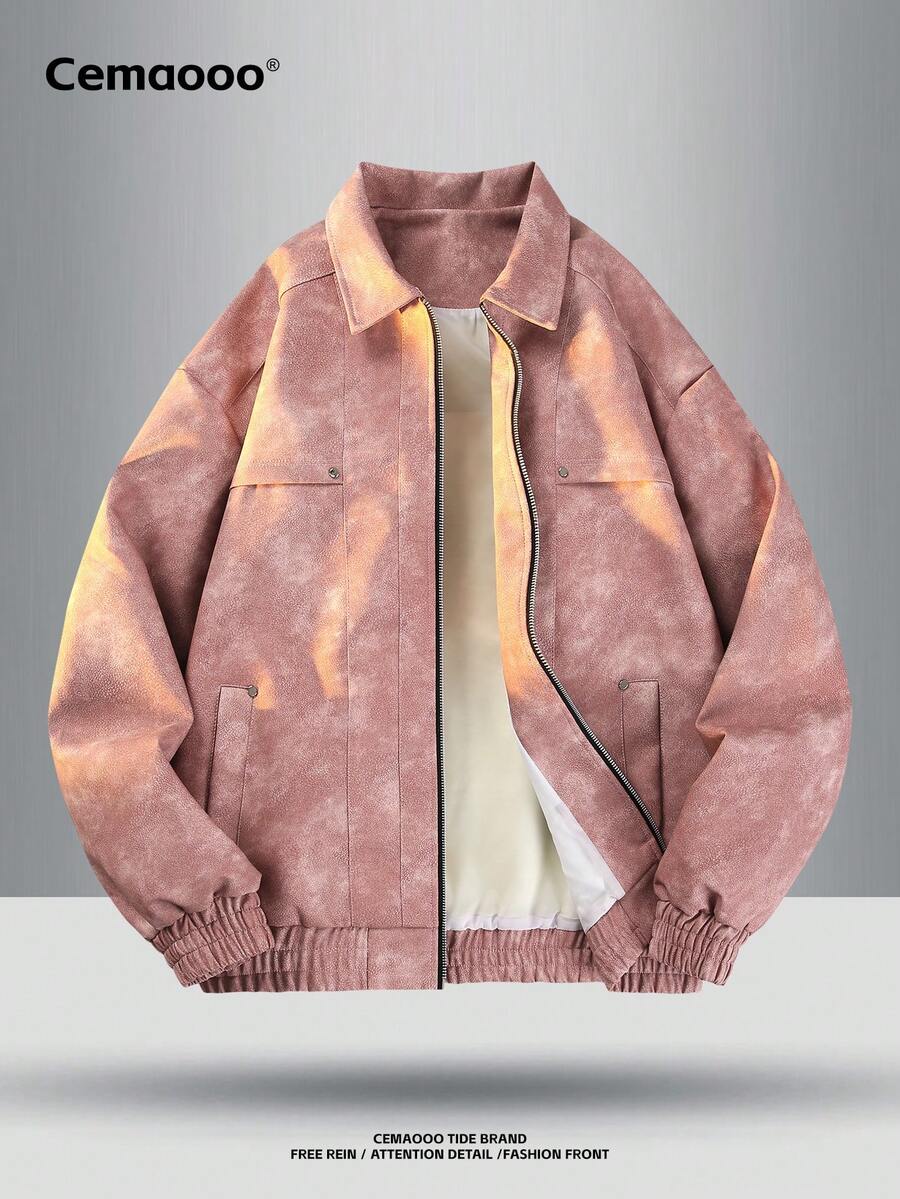 Men's Autumn Casual Fashionable Loose PU Leather Jacket With Side Pockets, Ribbed Cuffs And Hem, Soft And Comfortable Turndown Collar Zip-Up Outerwear