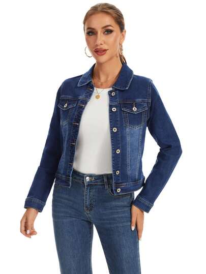 Chamarra Básica para Mujer Chaqueta vaquera corta con dobladillo de manga larga para mujer Chaqueta abrigo de mezclilla para mujeres Chaqueta de Mezclilla para Dama Cazadora mezclilla de versátil