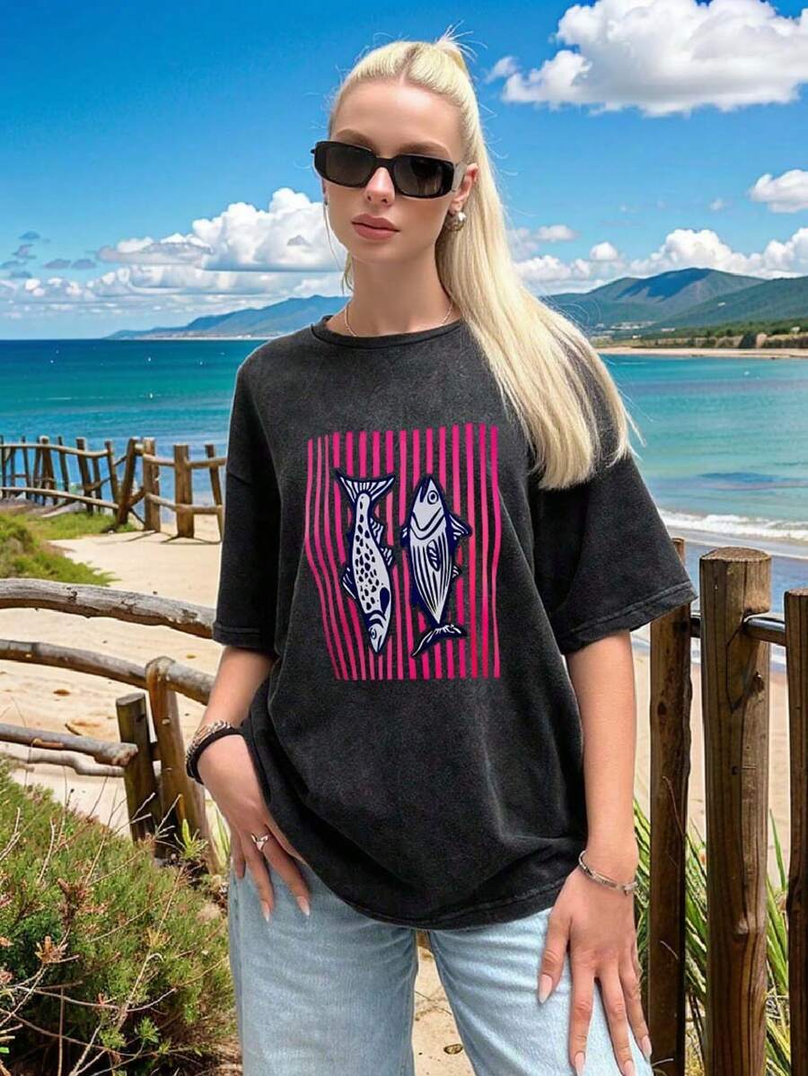 Summer New Style Summer Tops For Women, Plus Size, Stir-Fried Snowflake Cotton, Round Neck, Short-Sleeved T-Shirt, Fish Stripe Pattern Print, Sweet And Gentle Temperament, Slim-Fitting Plus Size Summer Top, Graphic Tees For Women, Women's Summer Outfits