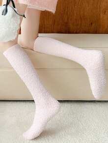 3 Pairs Women's Warm Knee-High Socks, Solid Color Coral Thermal Lined, Thick & Heat Retaining, Soft & Skin-Friendly House Socks For Winter