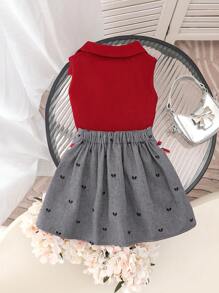 2件套少女时尚无袖领上衣和蝴蝶结刺绣蕾丝荷叶边百褶裙套装，夏季 - 酒紅色 - 查看 2