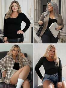 1 件女士秋冬新款保暖内衬方领长袖上衣，修身休闲运动汗衫，百搭背心衬衫