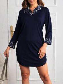Blusa maternidad dama mujer estampado lunares cuello camisero escote en v manga 3/4 recto largo cadera embarazo mamá embarazada tela suave ligera diseño casual diario oficina primavera verano - Azul Marino - Ver 1