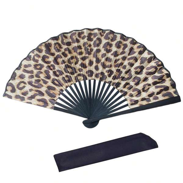 Elegant Leopard Print Folding Fan With Black Frame - Fashion Princess Theme, Lightweight And Portable For Women, Hand-Held Fan | Princess Theme Fan | Lightweight Fan